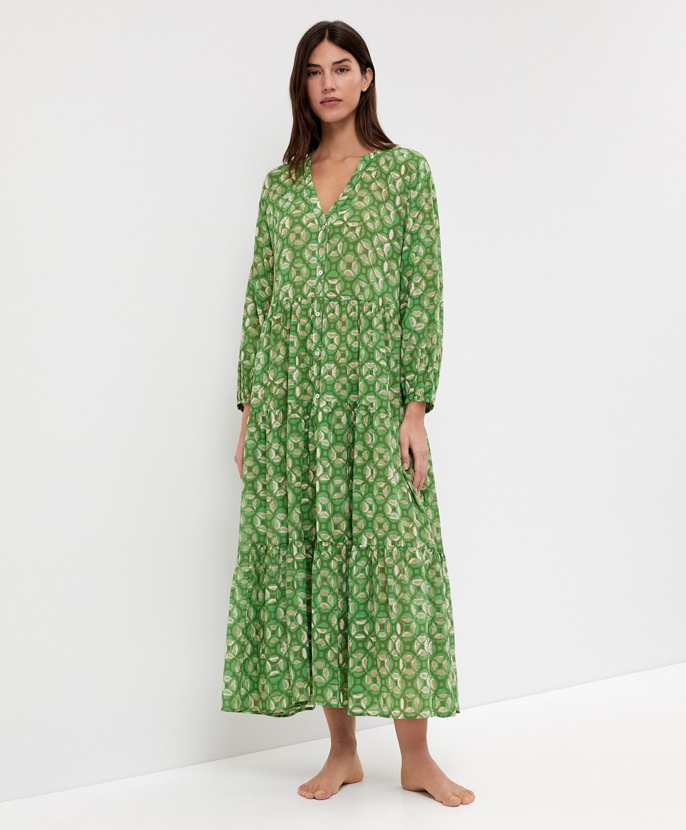 Oysho Printed 100% βαμβακερα Tunic φορεμα πρασινο | WHTKYZ-397