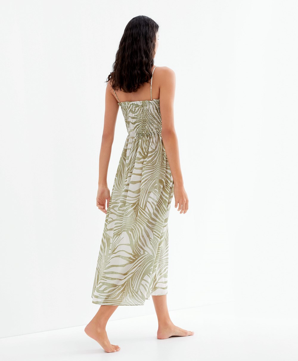 Oysho Printed 100% βαμβακερα strappy Midi φορεμα Χακί | BEUHAL-432