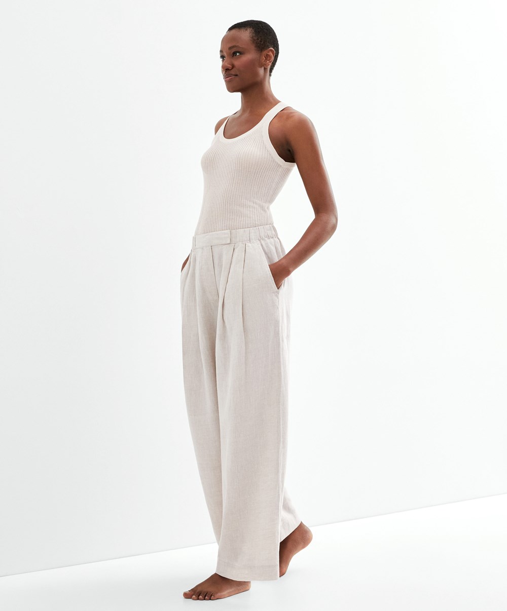 Oysho Relaxed-fit 100% Linen Trousers Sand Melange | TZXNVF-296