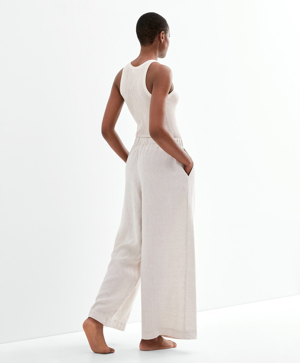 Oysho Relaxed-fit 100% Linen Trousers Sand Melange | TZXNVF-296