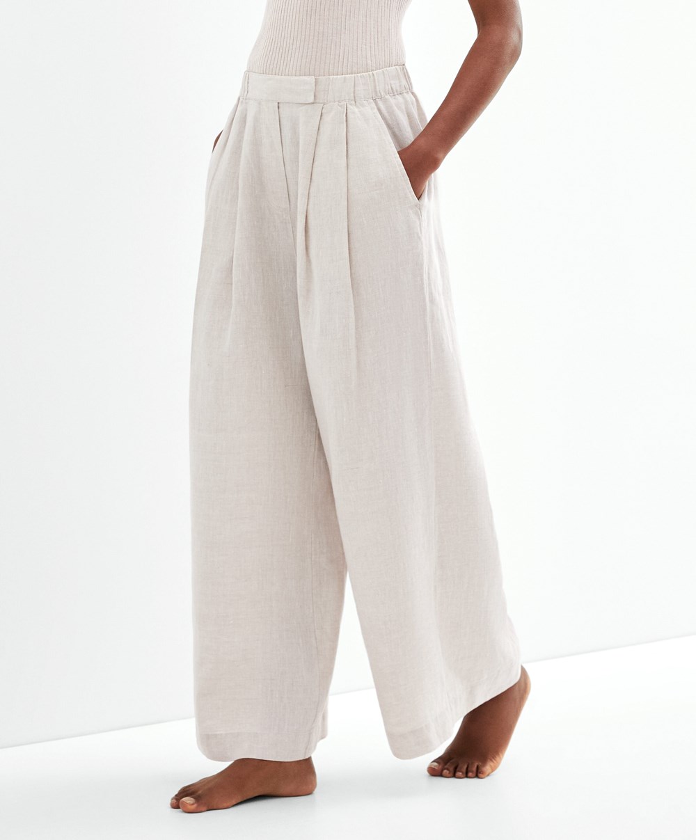 Oysho Relaxed-fit 100% Linen Trousers Sand Melange | TZXNVF-296