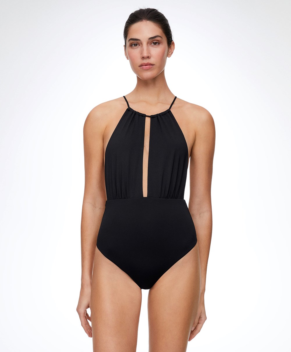 Oysho Ruched Halter Swimsuit μαυρα | BMKJCE-893