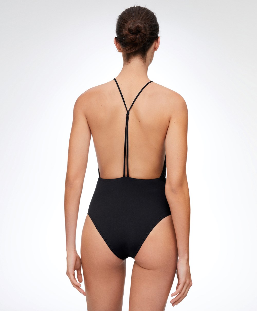 Oysho Ruched Halter Swimsuit μαυρα | PLXGEA-456