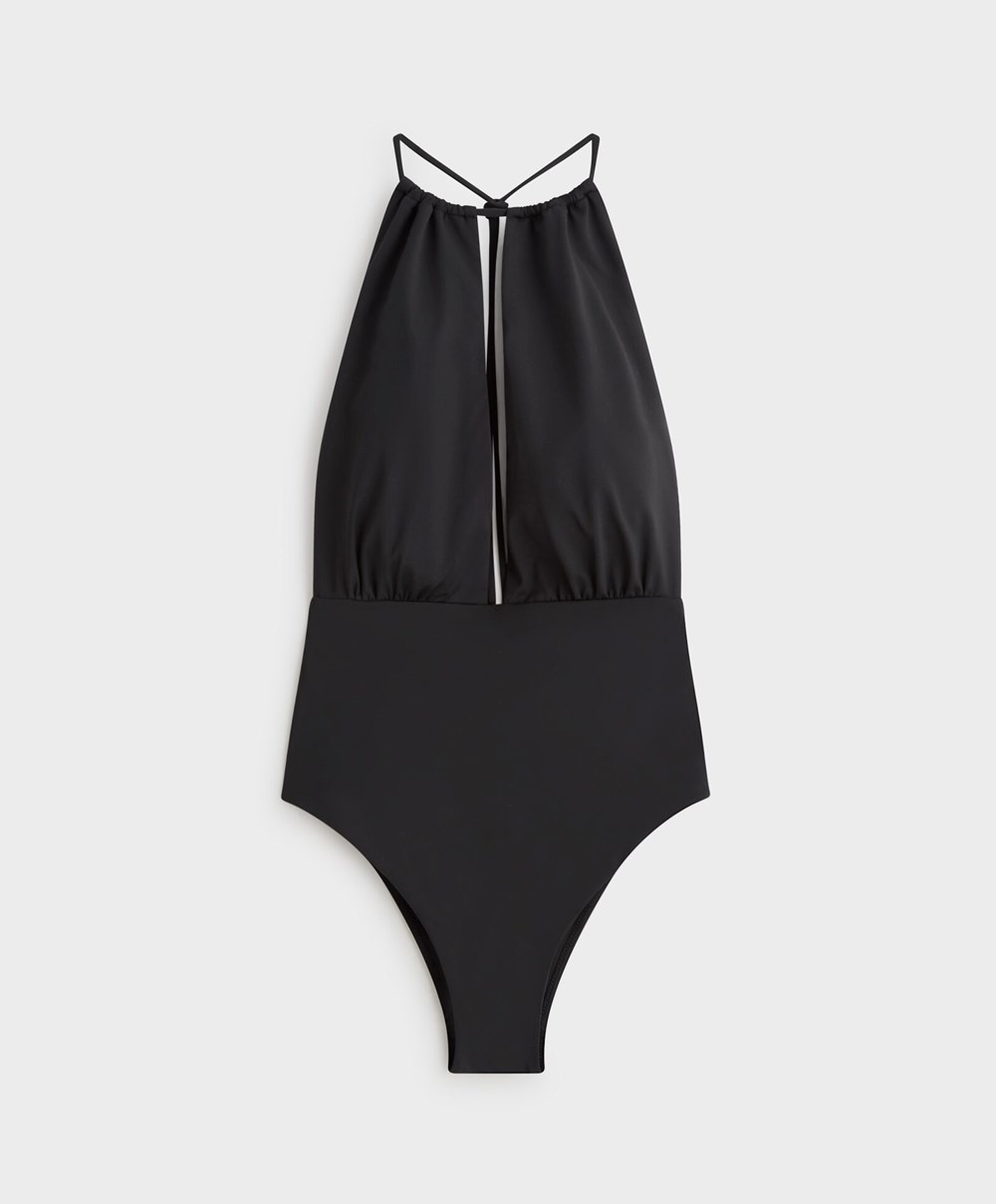 Oysho Ruched Halter Swimsuit μαυρα | PLXGEA-456