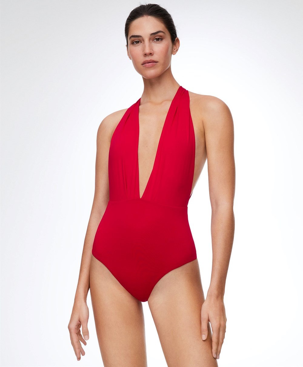 Oysho Ruched Vertical Neck Swimsuit κοκκινα | XGUJDI-694