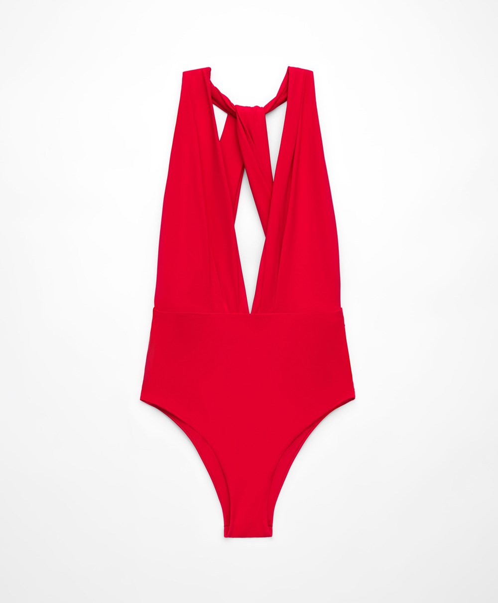 Oysho Ruched Vertical Neck Swimsuit κοκκινα | XGUJDI-694