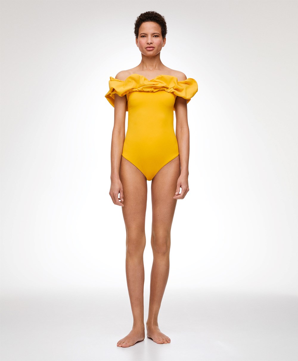 Oysho Ruffle Bandeau Swimsuit Mid-yellow | HRENGU-782