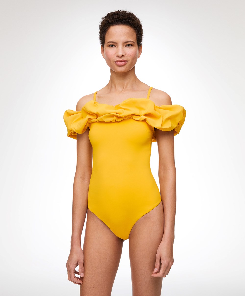 Oysho Ruffle Bandeau Swimsuit Mid-yellow | HRENGU-782