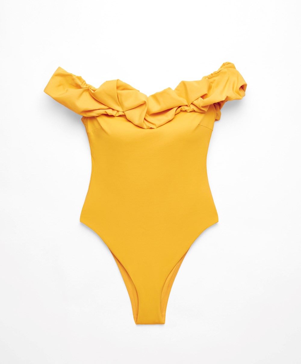 Oysho Ruffle Bandeau Swimsuit Mid-yellow | HRENGU-782