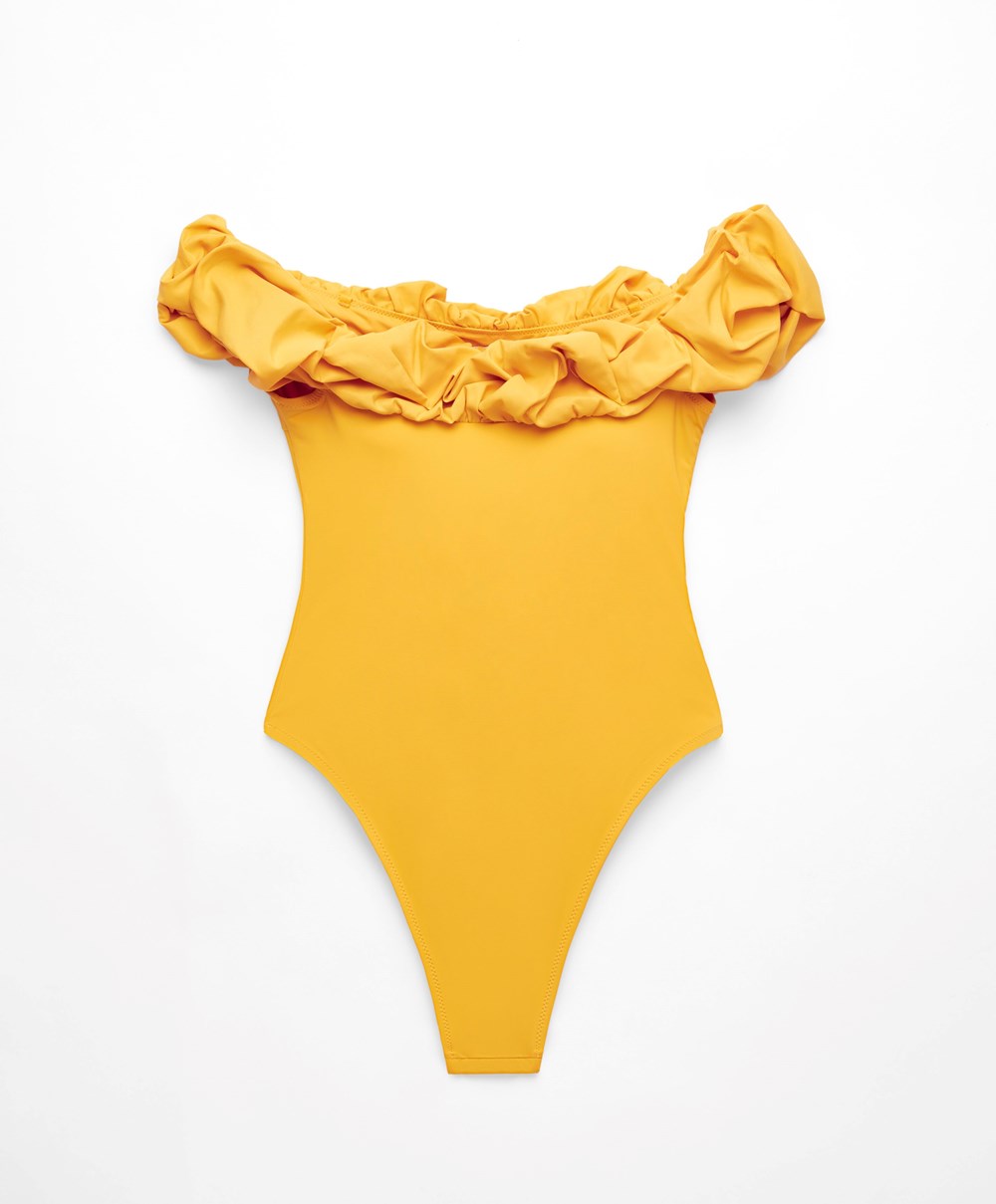 Oysho Ruffle Bandeau Swimsuit Mid-yellow | HRENGU-782