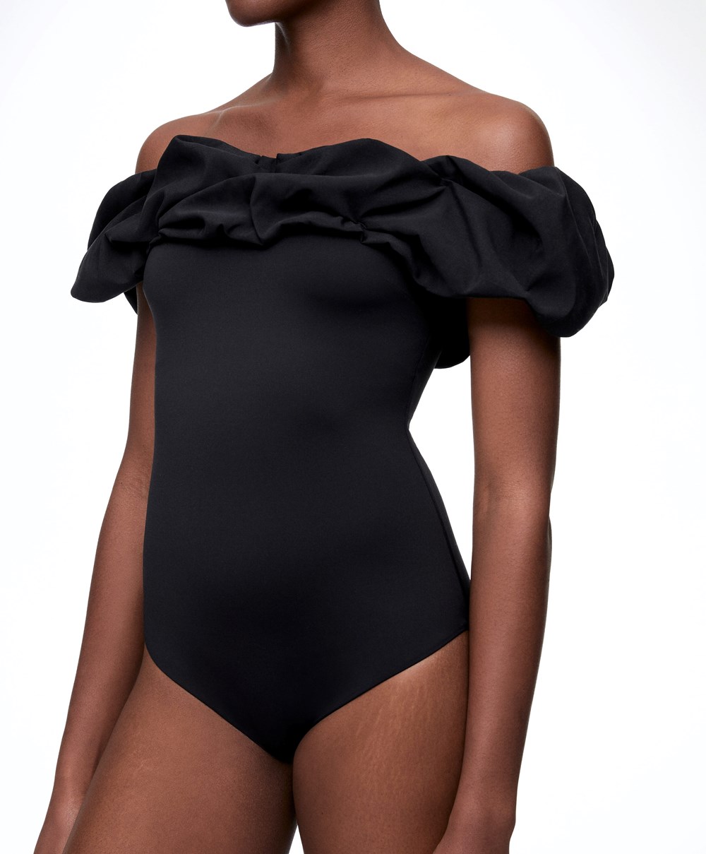 Oysho Ruffle Bandeau Swimsuit μαυρα | SHJAUW-043