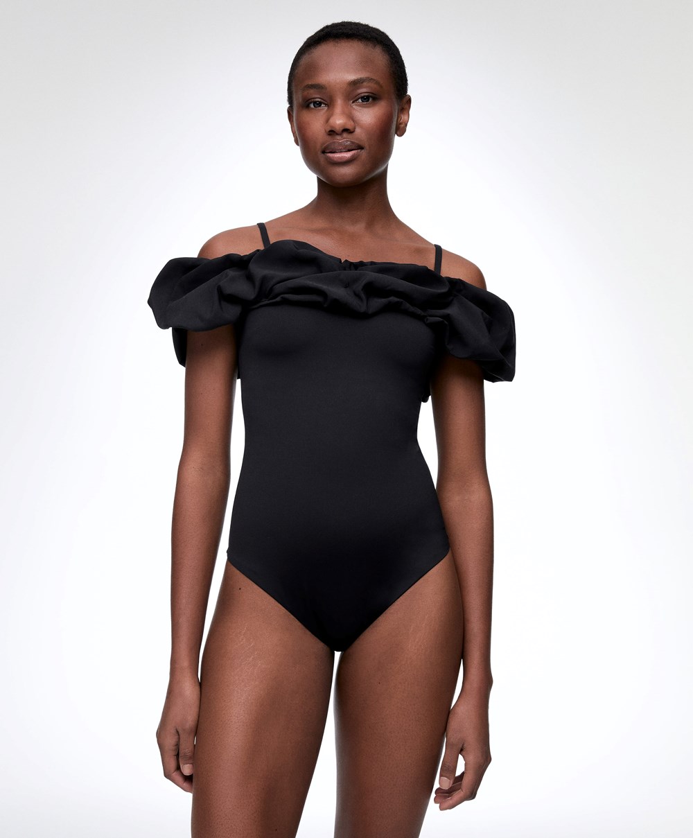 Oysho Ruffle Bandeau Swimsuit μαυρα | SHJAUW-043