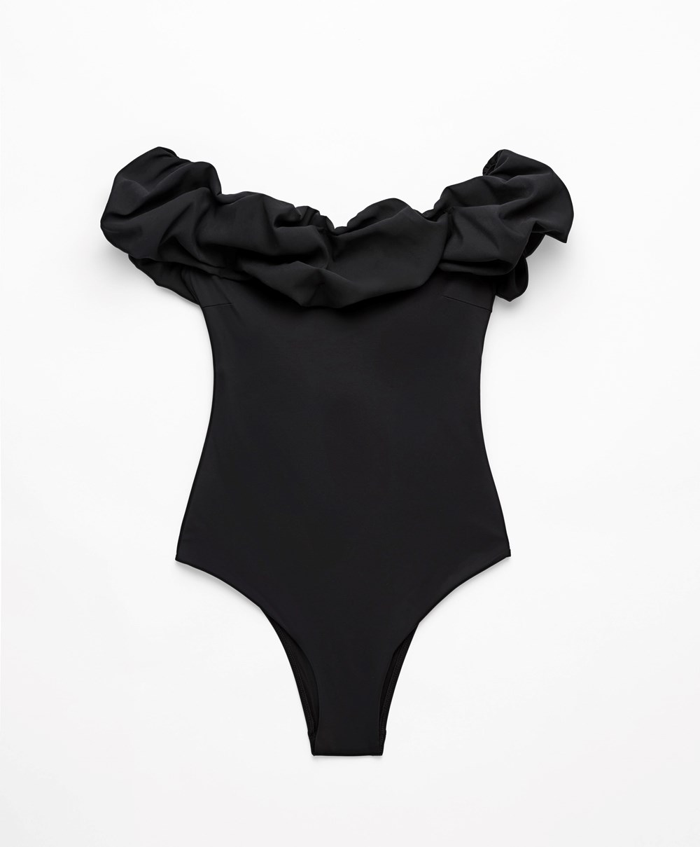 Oysho Ruffle Bandeau Swimsuit μαυρα | SHJAUW-043