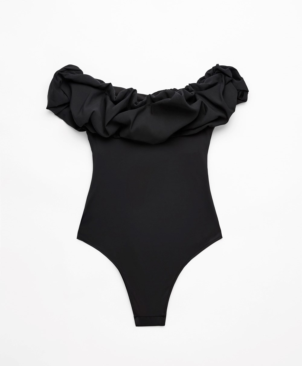 Oysho Ruffle Bandeau Swimsuit μαυρα | SHJAUW-043