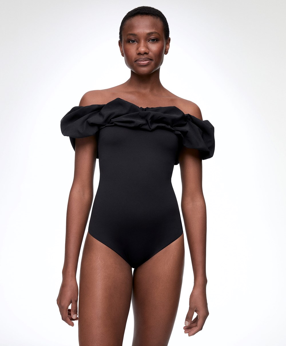 Oysho Ruffle Bandeau Swimsuit μαυρα | SHJAUW-043