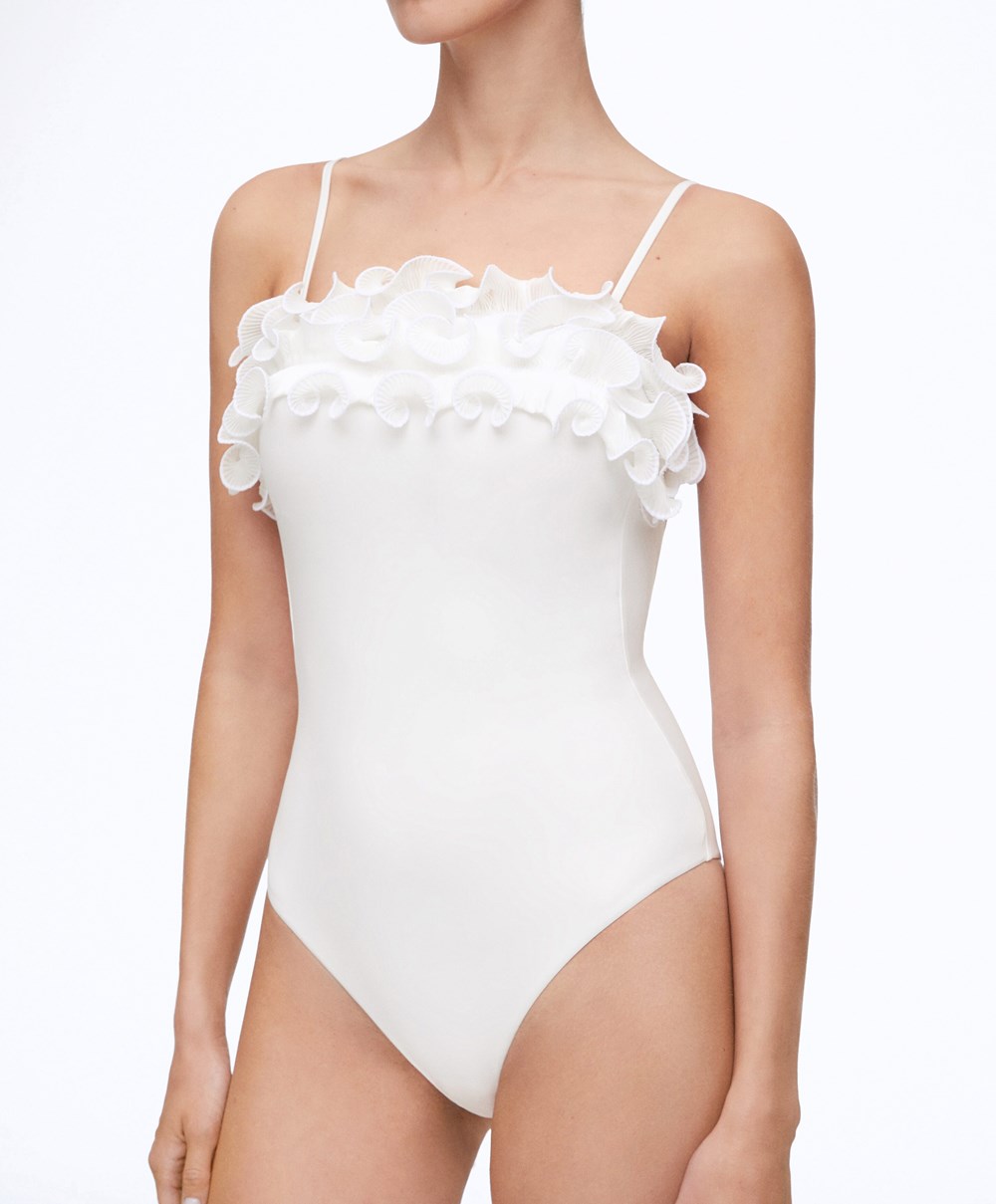 Oysho Ruffled Bandeau Swimsuit ασπρα | VSPODE-741