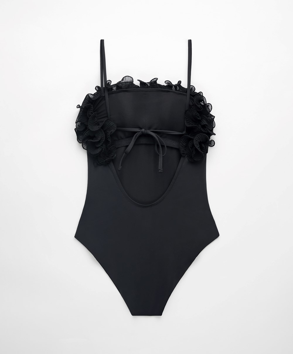 Oysho Ruffled Bandeau Swimsuit μαυρα | ESJIUX-614