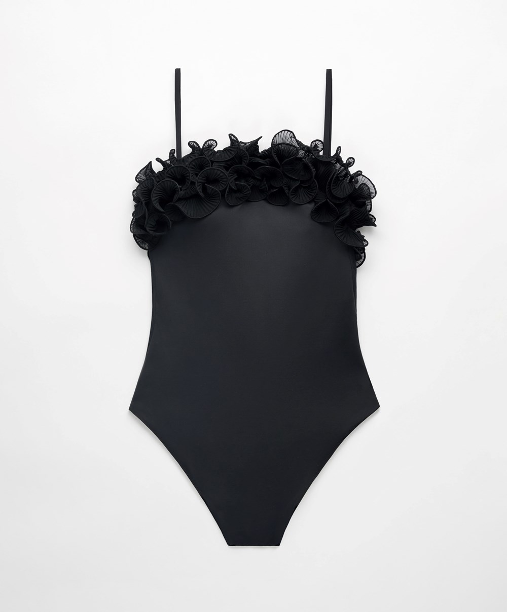 Oysho Ruffled Bandeau Swimsuit μαυρα | ESJIUX-614