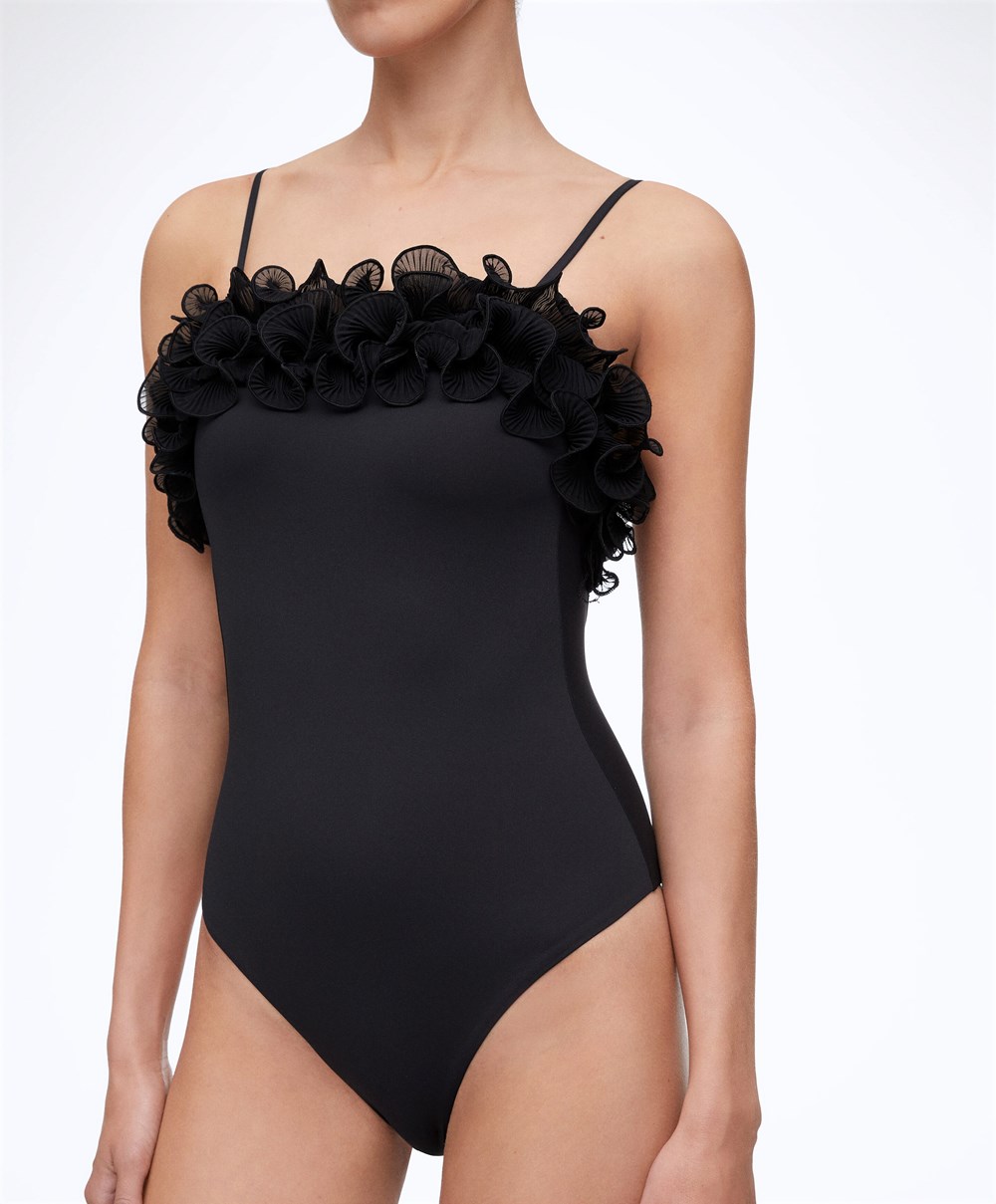 Oysho Ruffled Bandeau Swimsuit μαυρα | YQUJWB-834