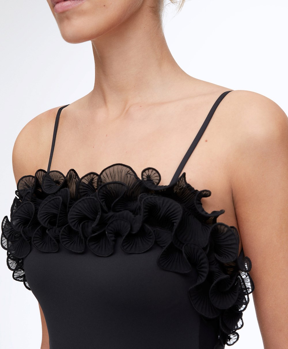 Oysho Ruffled Bandeau Swimsuit μαυρα | YQUJWB-834