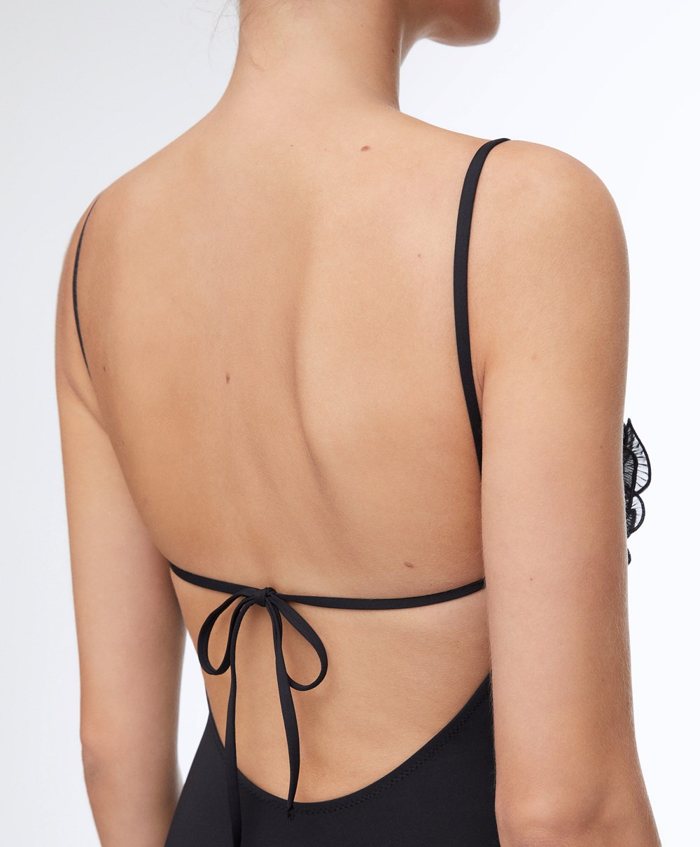 Oysho Ruffled Bandeau Swimsuit μαυρα | YQUJWB-834