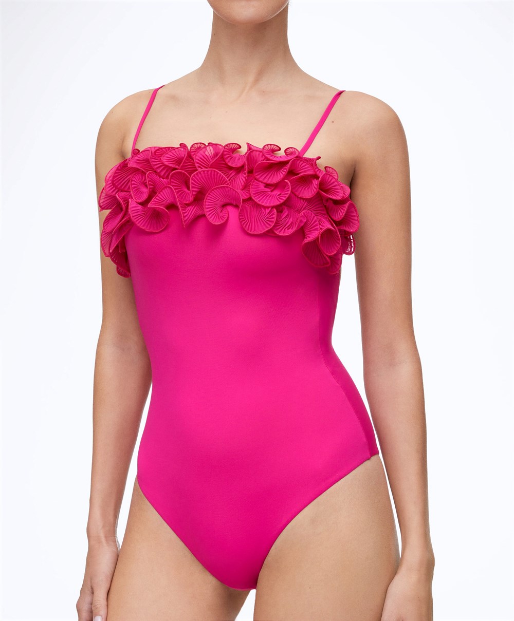 Oysho Ruffled Bandeau Swimsuit φουξια | ZEOBQK-432