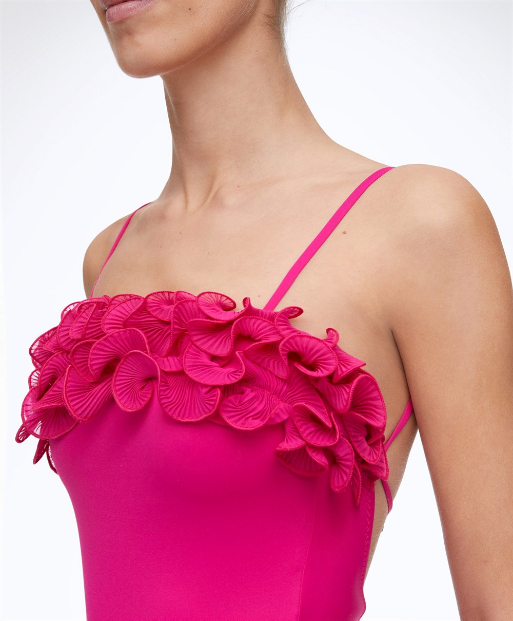 Oysho Ruffled Bandeau Swimsuit φουξια | ZEOBQK-432