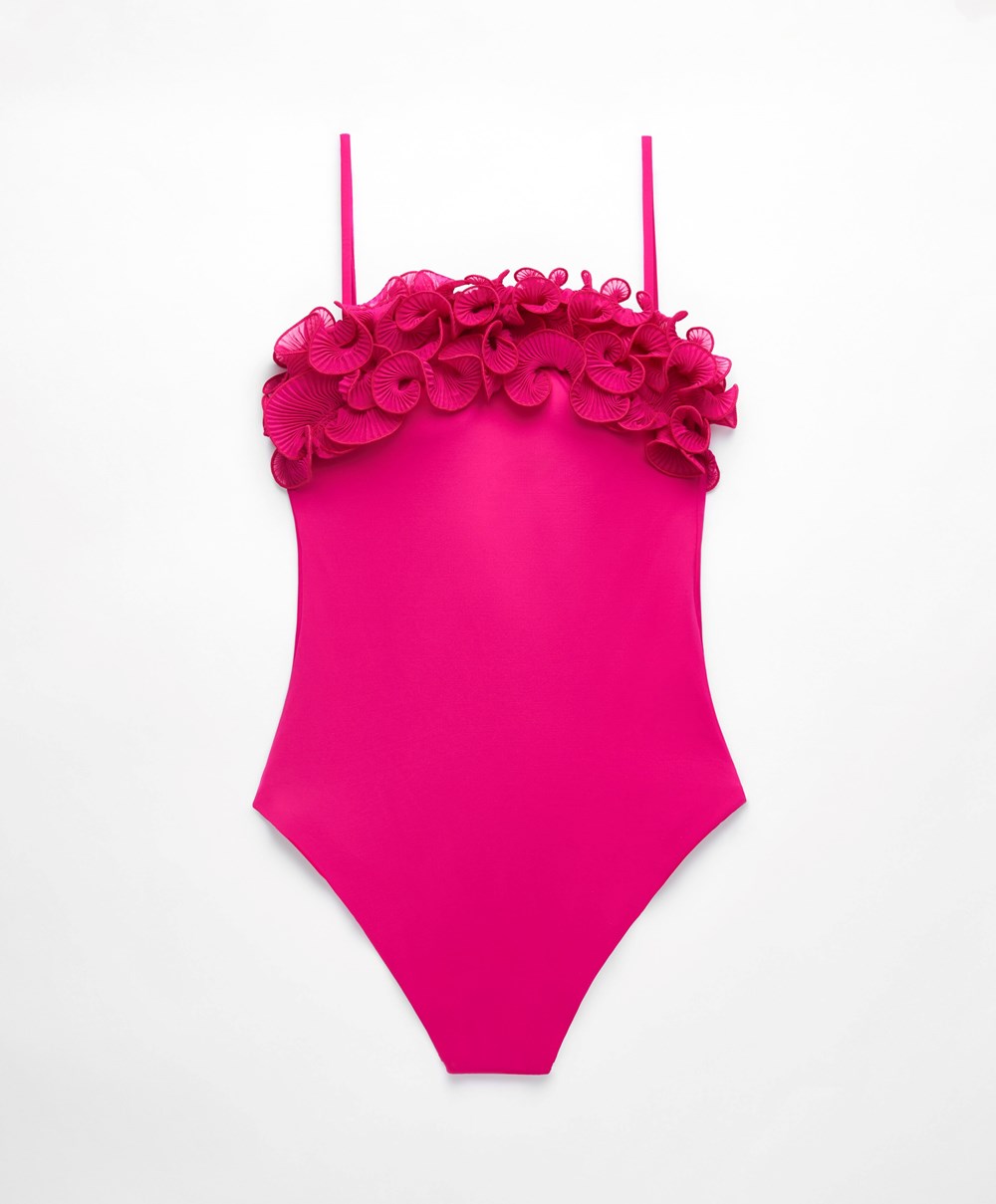 Oysho Ruffled Bandeau Swimsuit φουξια | ZEOBQK-432