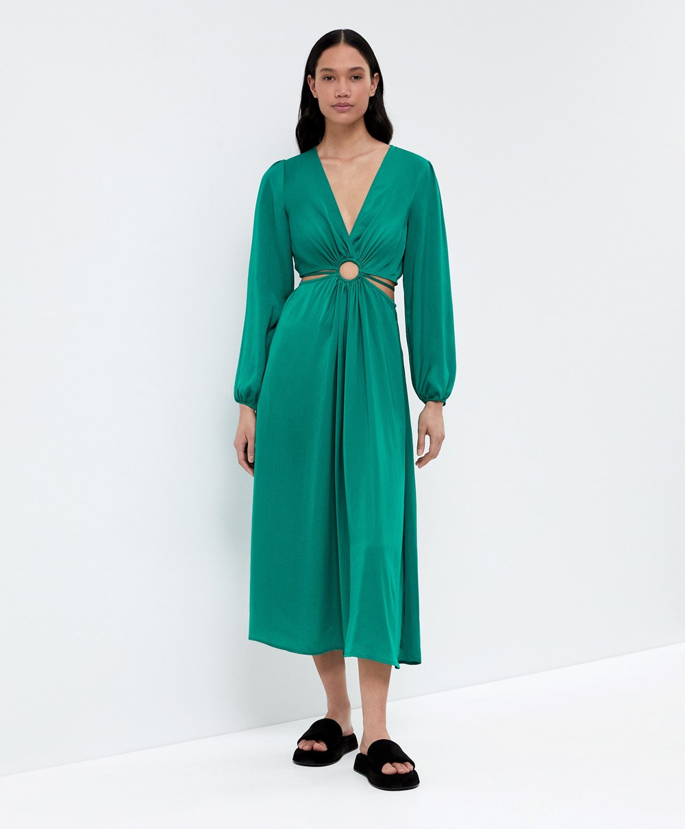 Oysho Satin Cut-out Long-sleeved Midi φορεμα πρασινο | PTCRUO-659