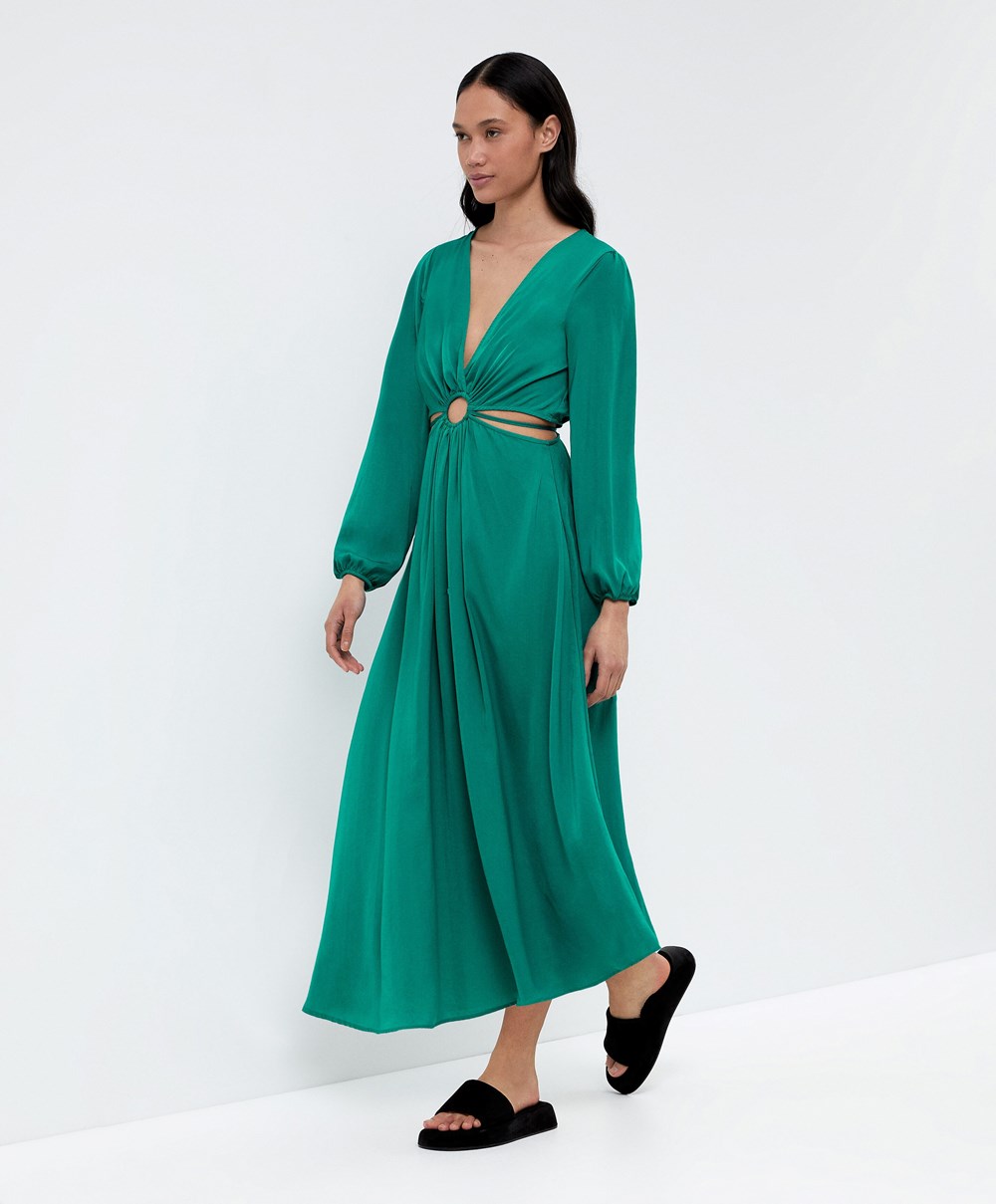 Oysho Satin Cut-out Long-sleeved Midi φορεμα πρασινο | PTCRUO-659