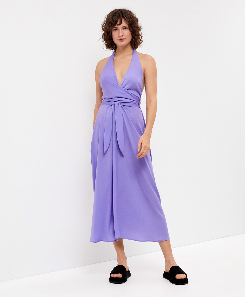 Oysho Satin Halterneck Long φορεμα Lilac | BIHOEA-094