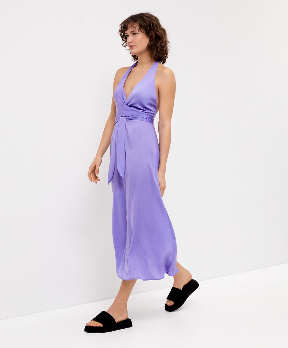 Oysho Satin Halterneck Long φορεμα Lilac | BIHOEA-094