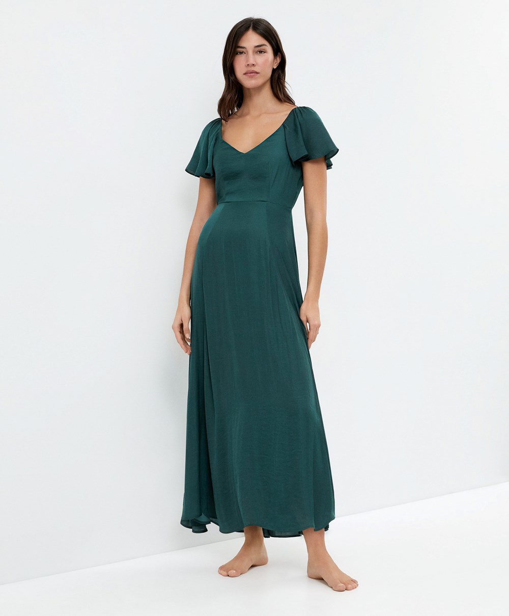 Oysho Satin Midi φορεμα With Open Back πρασινο | FVYQBS-514