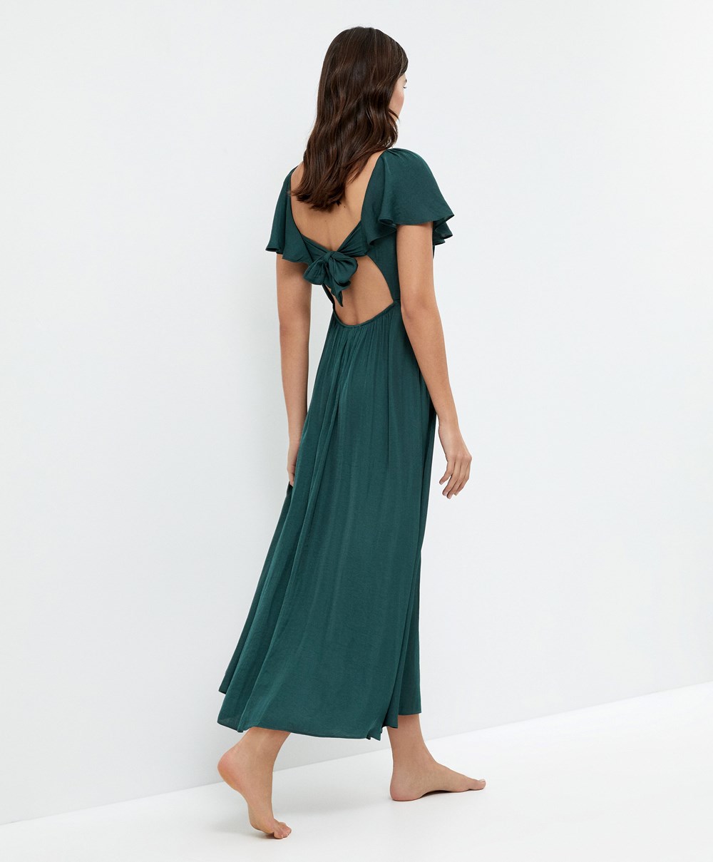 Oysho Satin Midi φορεμα With Open Back πρασινο | FVYQBS-514