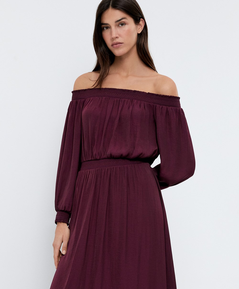 Oysho Satin Off-shoulder Long φορεμα Aubergine | AWRBNS-516