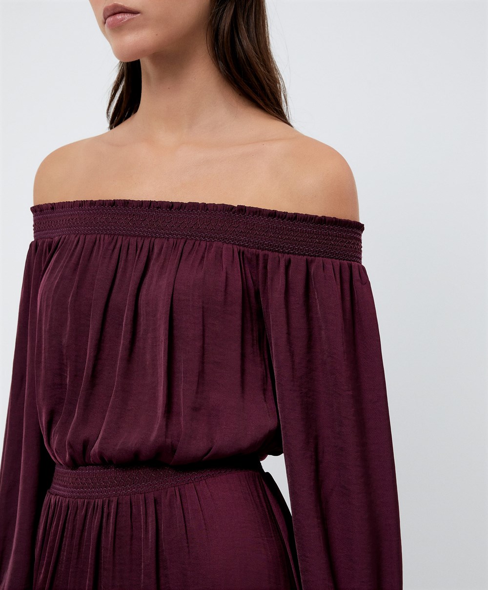 Oysho Satin Off-shoulder Long φορεμα Aubergine | AWRBNS-516