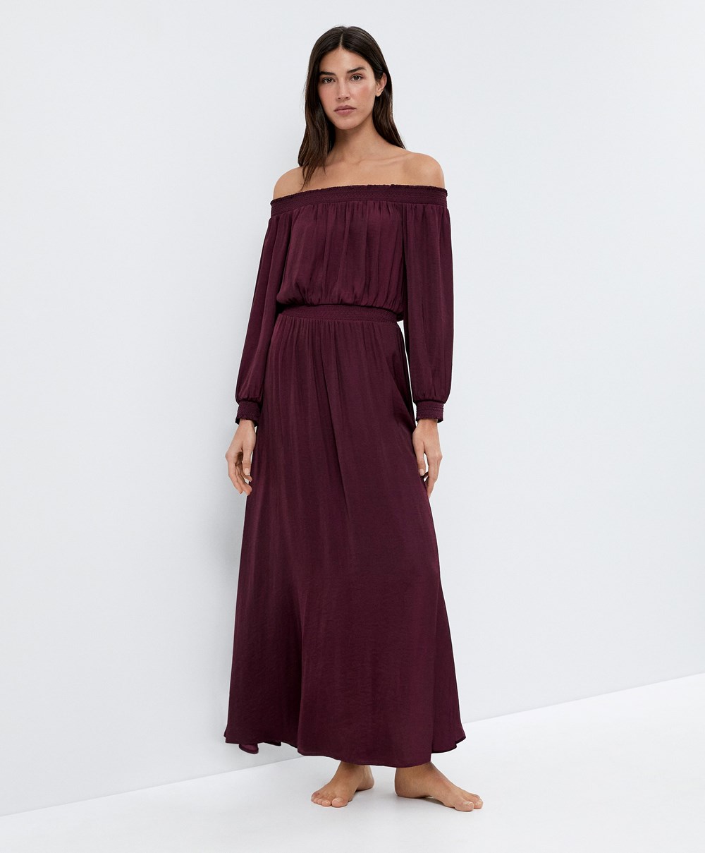 Oysho Satin Off-shoulder Long φορεμα Aubergine | AWRBNS-516