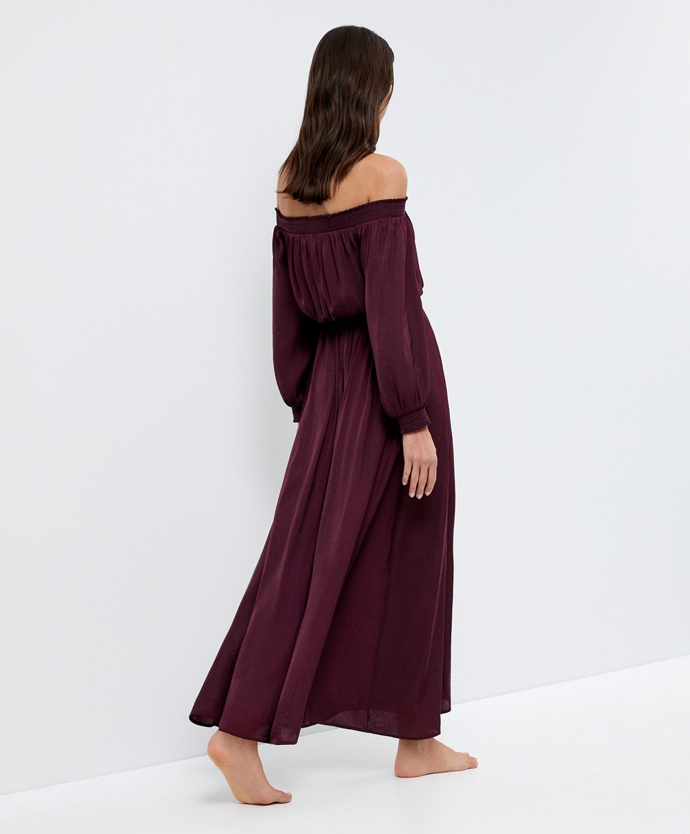 Oysho Satin Off-shoulder Long φορεμα Aubergine | AWRBNS-516