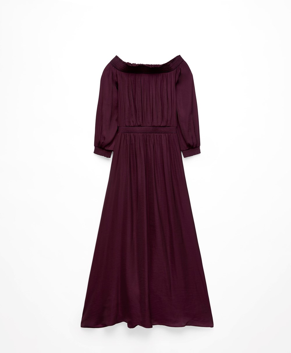 Oysho Satin Off-shoulder Long φορεμα Aubergine | AWRBNS-516