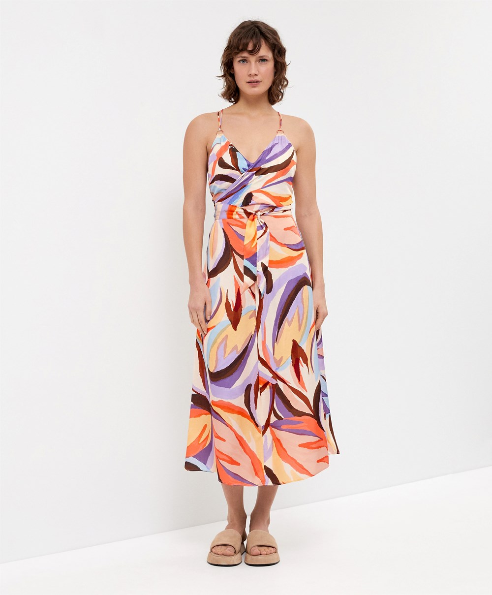 Oysho Satin Printed strappy Long φορεμα βαθυ μωβ | GKROIW-372