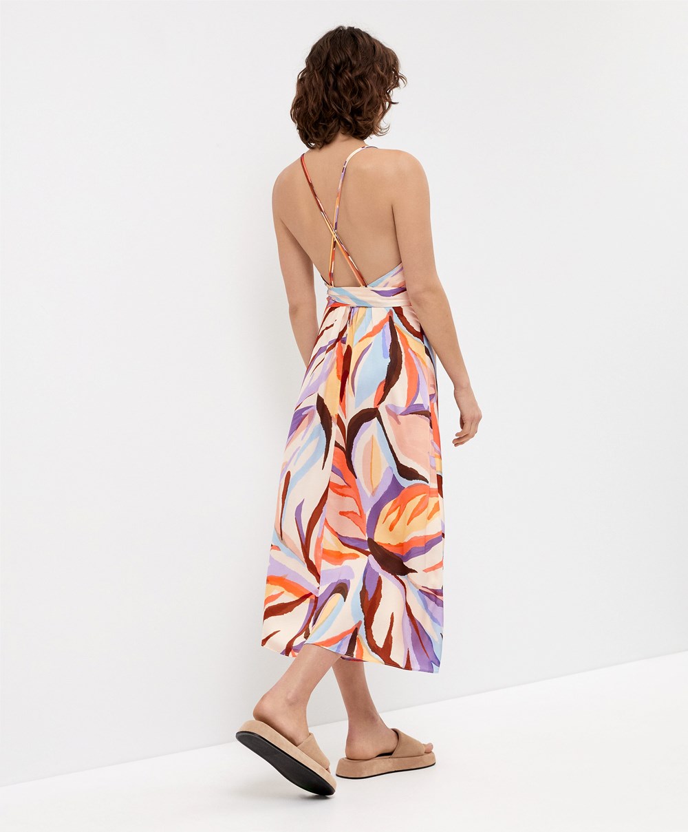 Oysho Satin Printed strappy Long φορεμα βαθυ μωβ | GKROIW-372