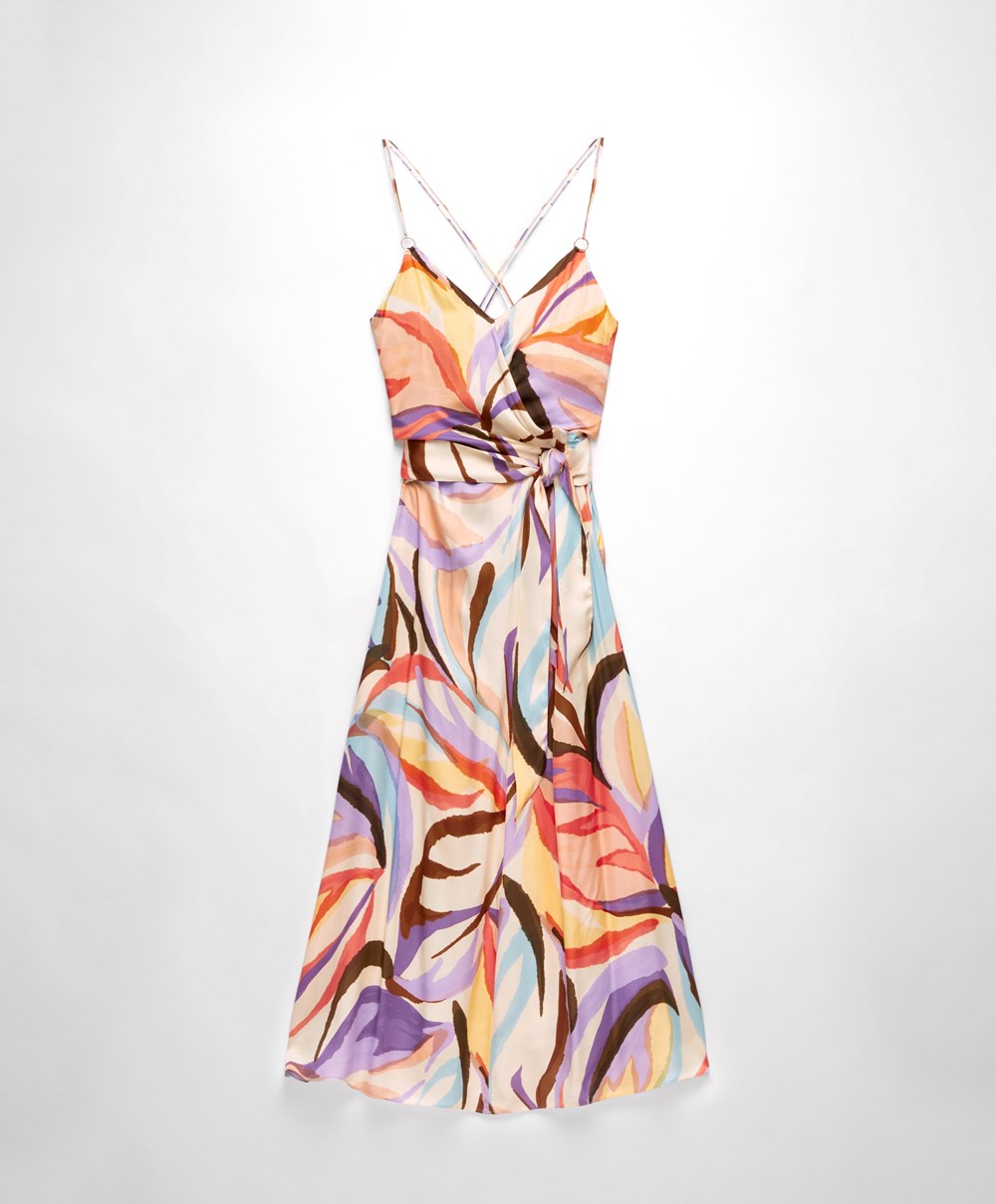 Oysho Satin Printed strappy Long φορεμα βαθυ μωβ | GKROIW-372