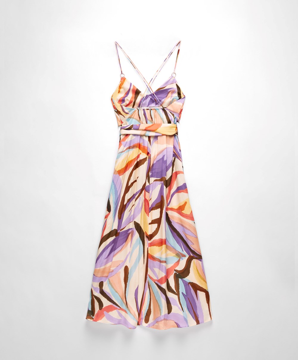 Oysho Satin Printed strappy Long φορεμα βαθυ μωβ | GKROIW-372