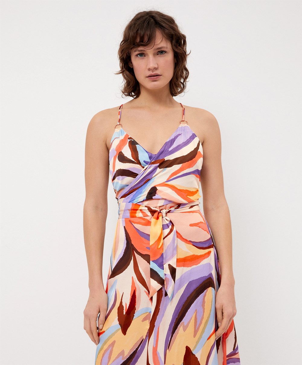 Oysho Satin Printed strappy Long φορεμα βαθυ μωβ | WPATRD-105