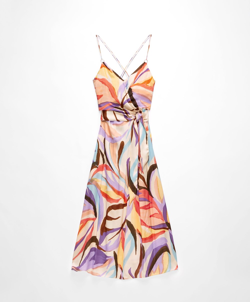 Oysho Satin Printed strappy Long φορεμα βαθυ μωβ | WPATRD-105