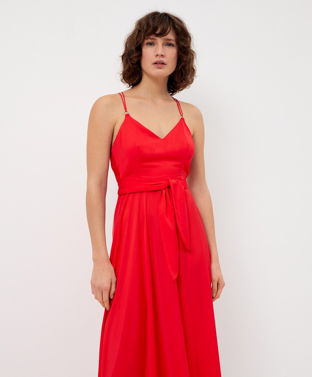 Oysho Satin strappy Midi φορεμα Orange-red | IKGBLF-870