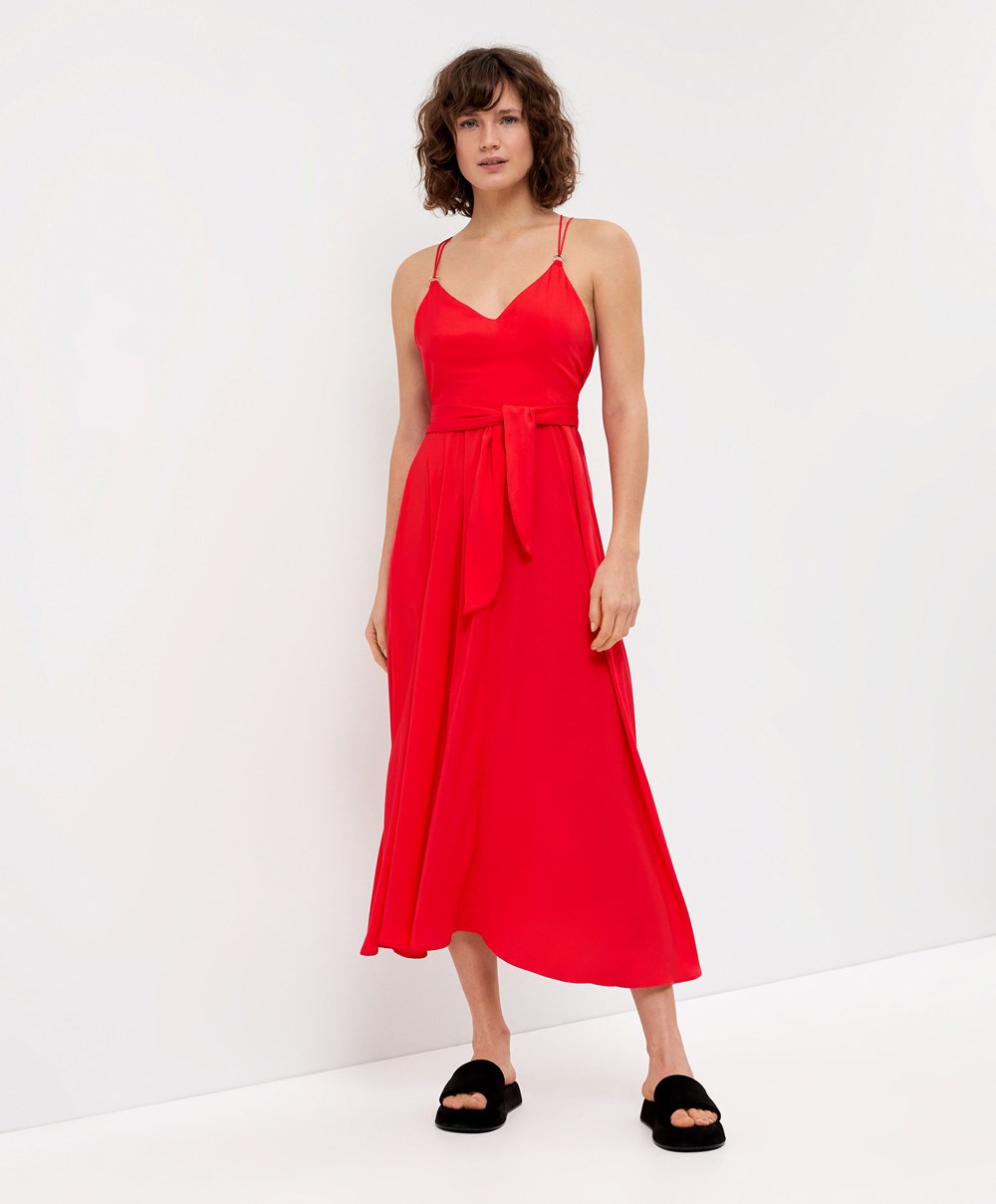 Oysho Satin strappy Midi φορεμα Orange-red | IKGBLF-870