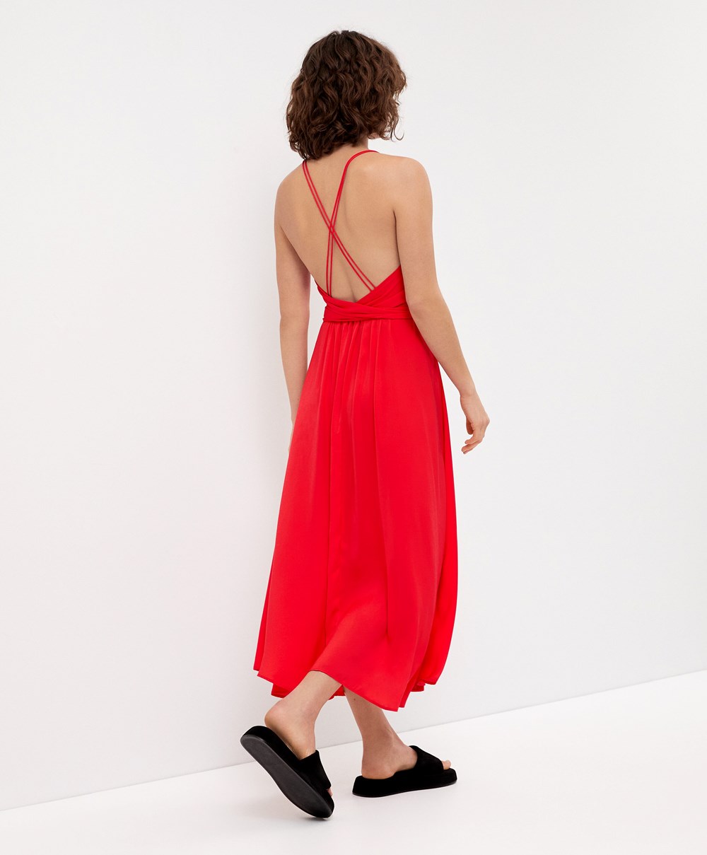 Oysho Satin strappy Midi φορεμα Orange-red | IKGBLF-870