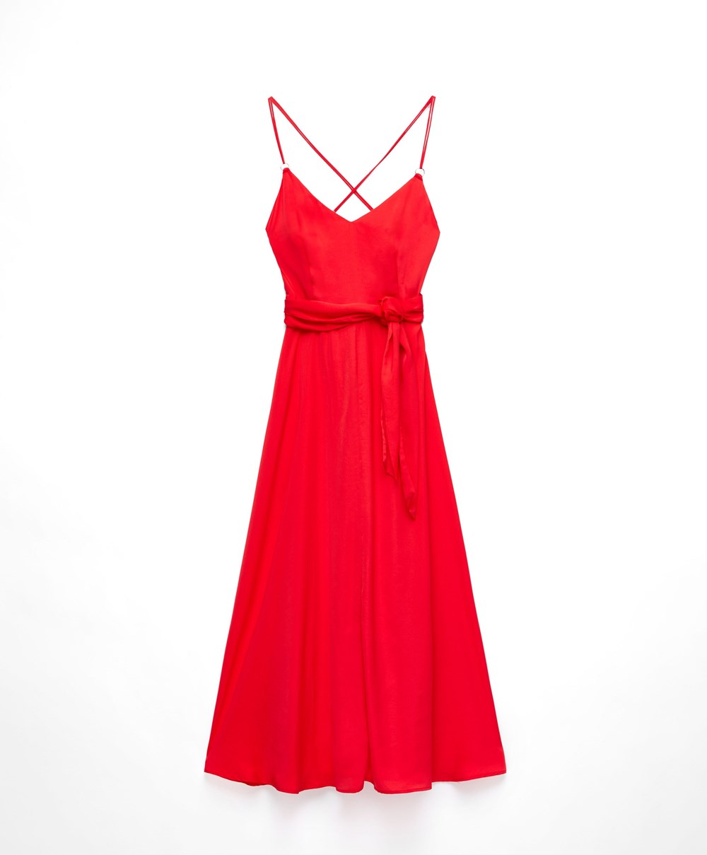 Oysho Satin strappy Midi φορεμα Orange-red | IKGBLF-870