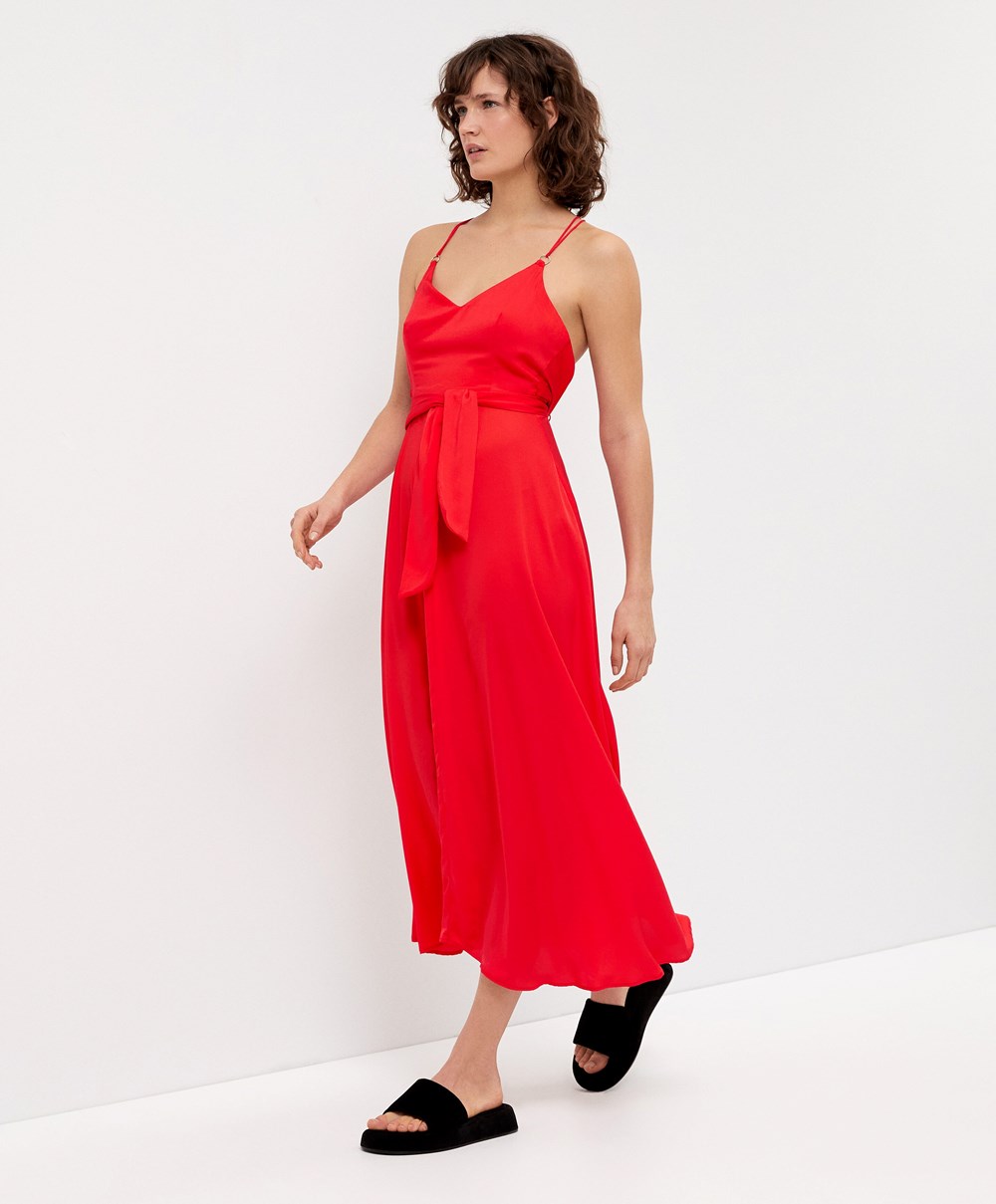 Oysho Satin strappy Midi φορεμα Orange-red | IKGBLF-870